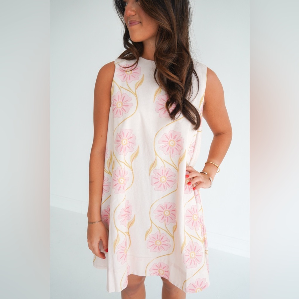 Commense White Dress with Pink and Gold/Tan Floral Accents Sz XS
